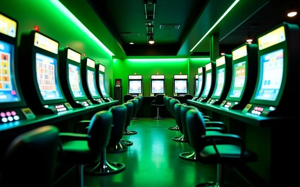 Moderni kasinolounge, rivi tyhjiä peliautomaattituoleja ja limenvihreitä valoja